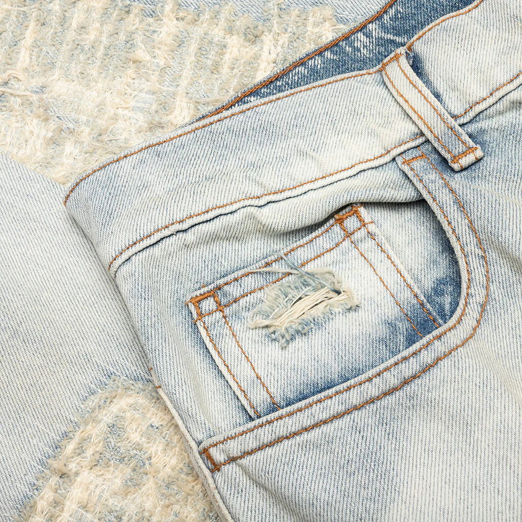 Destroyed Embroidery Jean - Tan Denim Blue - Image 3