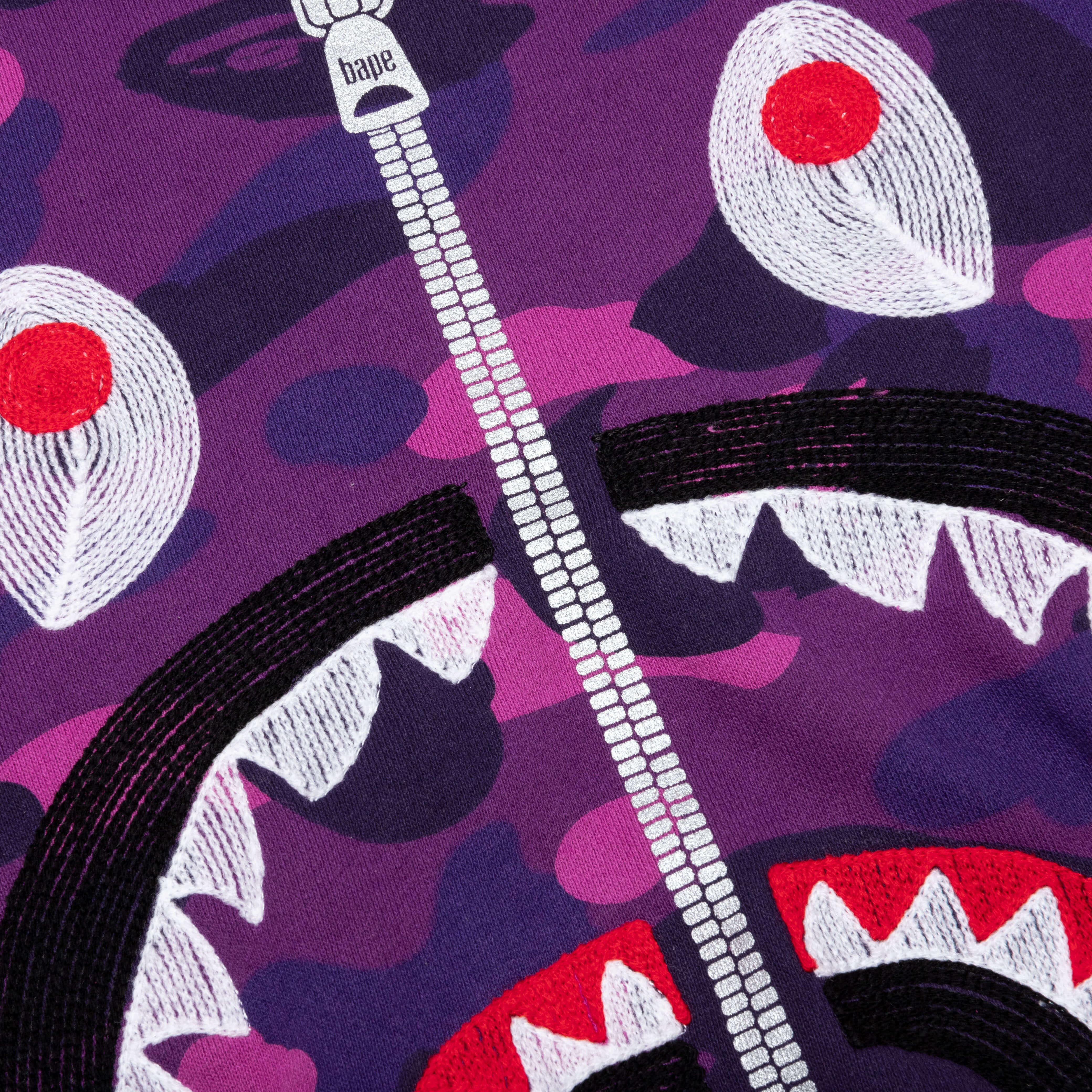 Color Camo Embroidery Shark Crewneck - Purple - Image 3