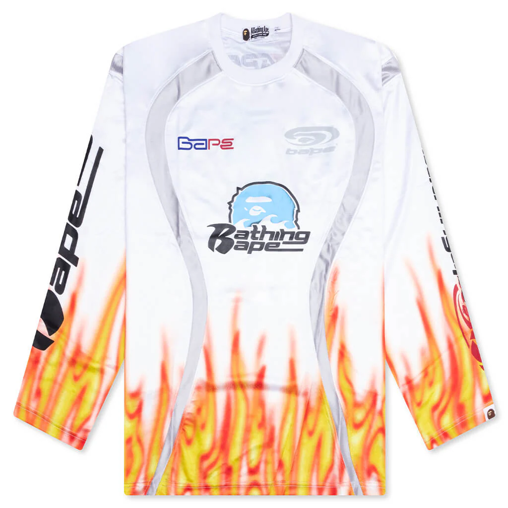 Flame Pattern Multilogo Relaxed Fit Football Jersey - White