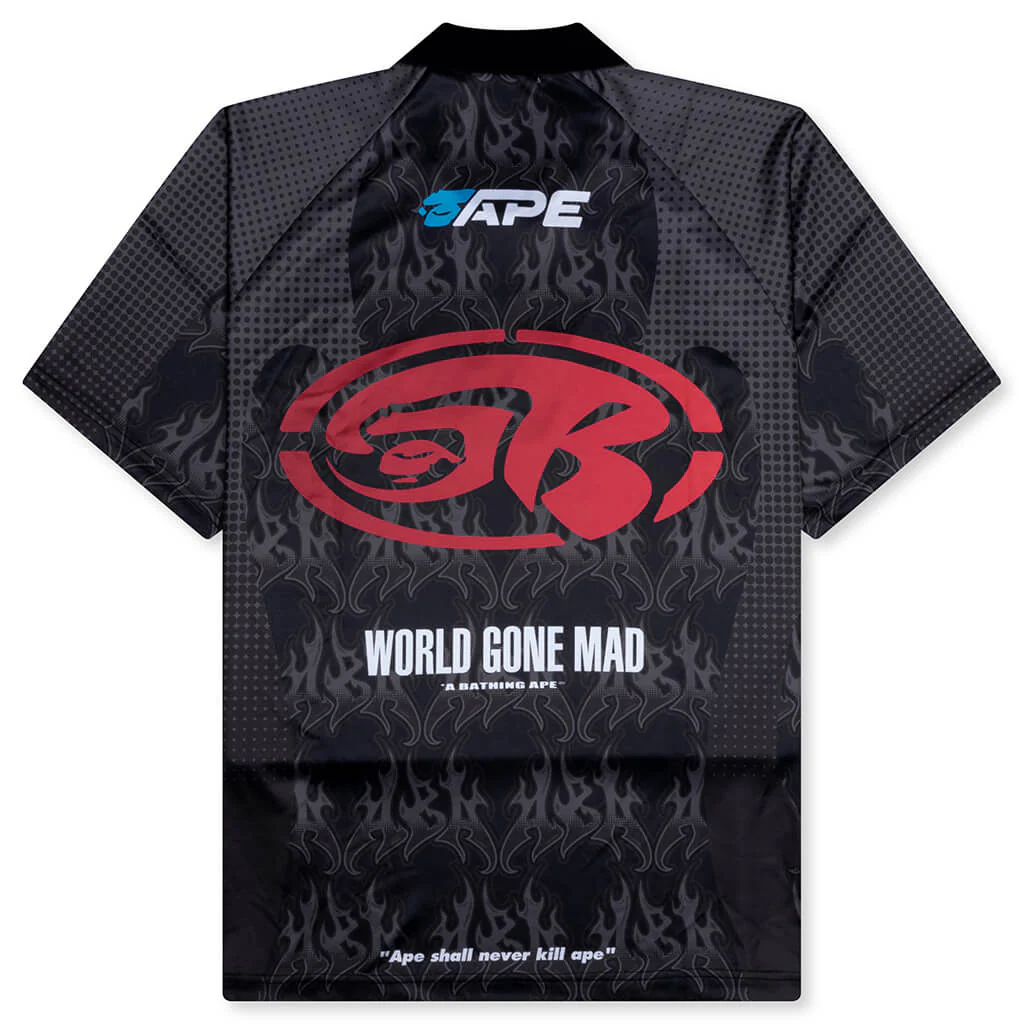 Flame Pattern Overall Print Half Zip Relax Fit Polo Shirt - Black - Image 2