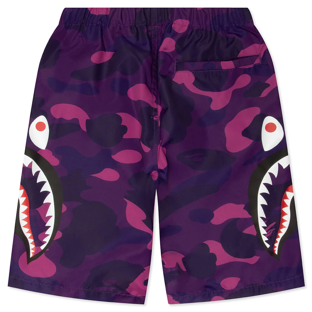 Kids Color Camo Side Shark Beach Shorts - Purple - Image 2