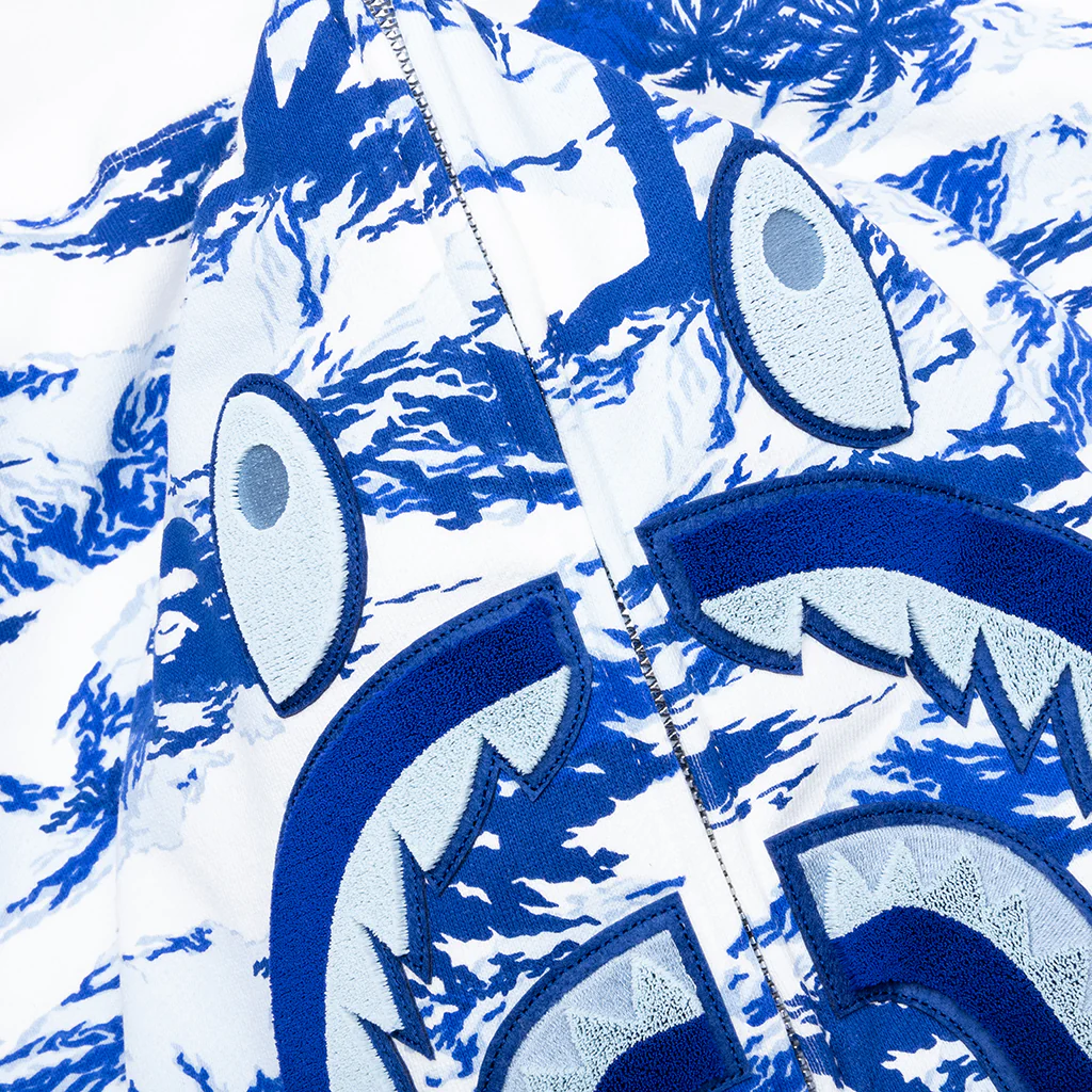 Palm Tree Camo Relaxed Fit Shark Full Zip Hoodie - Blue - Image 3
