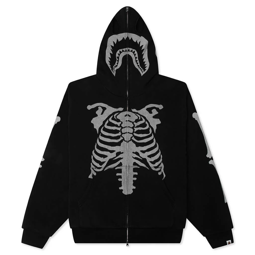 Skeleton Shark Heavy Washed Cropped Fit Full Zip Hoodie - Black