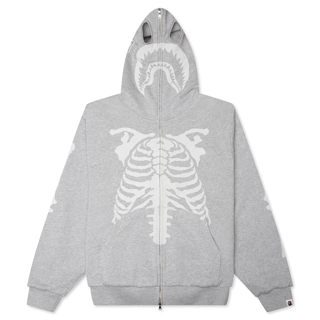 Skeleton Shark Heavy Washed Cropped Fit Full Zip Hoodie - Gray