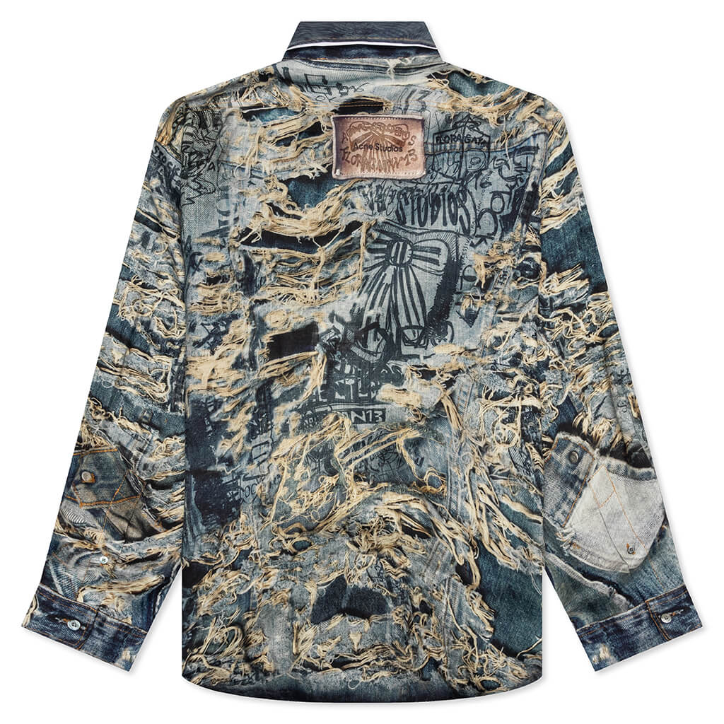 Trompe L'oeil Distressed Denim Print Button Up Fn-Mn-Shir000872 - Denim Blue - Image 2