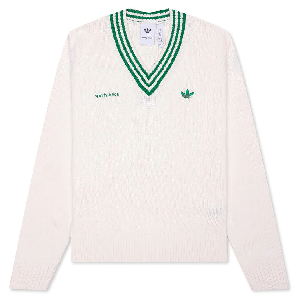 Women's Adidas x Sporty & Rich V-Neck Sweater - Off White/Night Navy