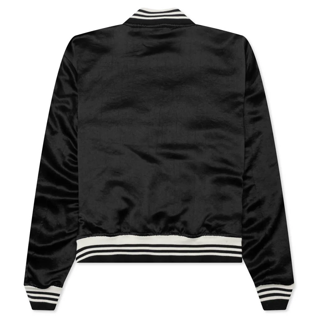 Satin Cropped Varsity Jacket - Black - Image 2