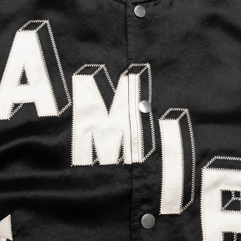Satin Cropped Varsity Jacket - Black - Image 4