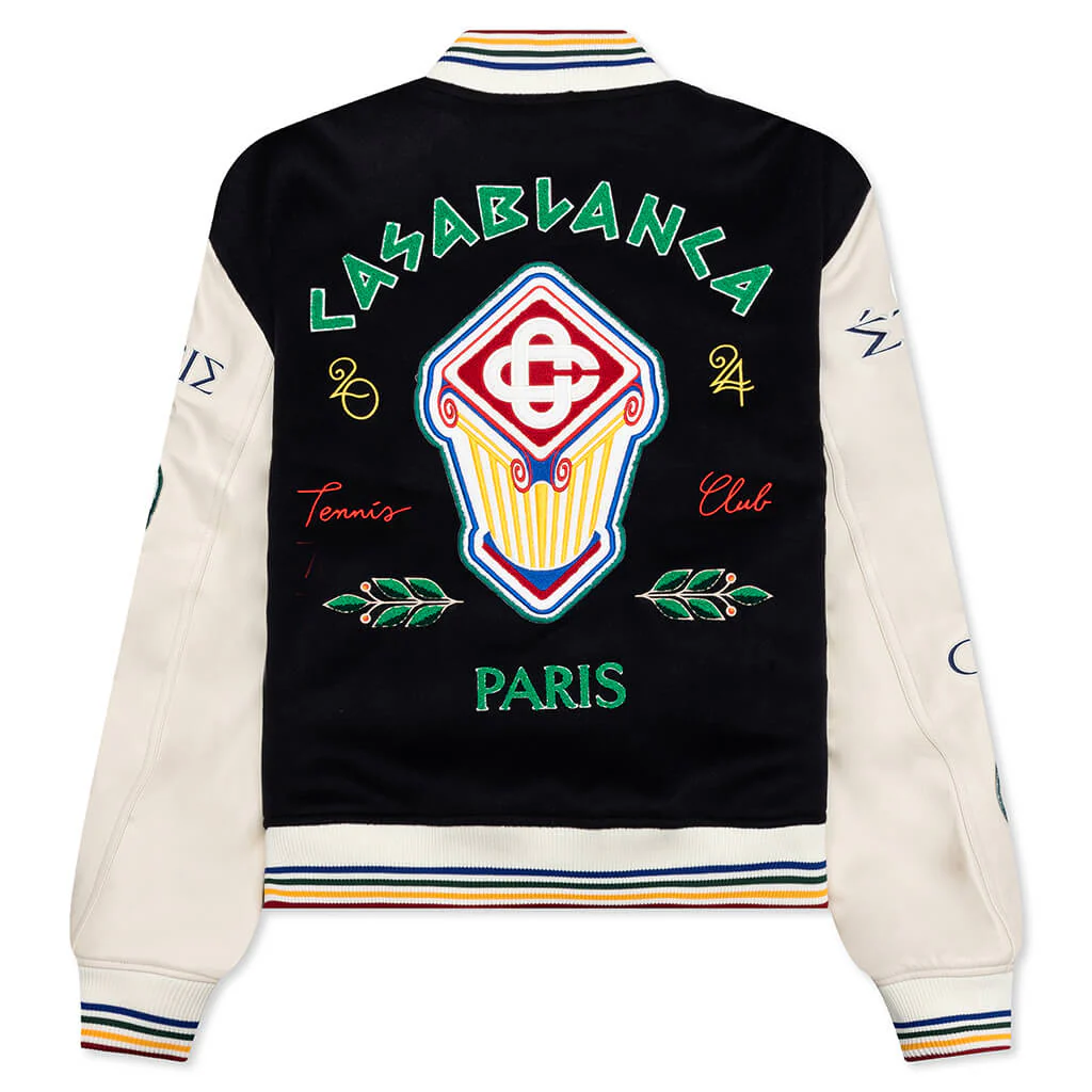 Chenille Embroidered Patchwork Bomber Jacket - Navy/Off-White - Image 2