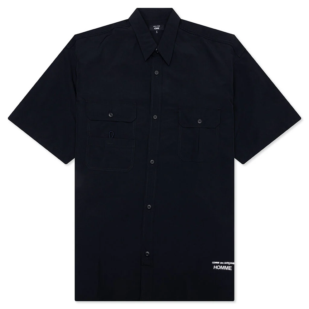 Curved Hem Nylon Short Sleeve Shirt - Navy/White