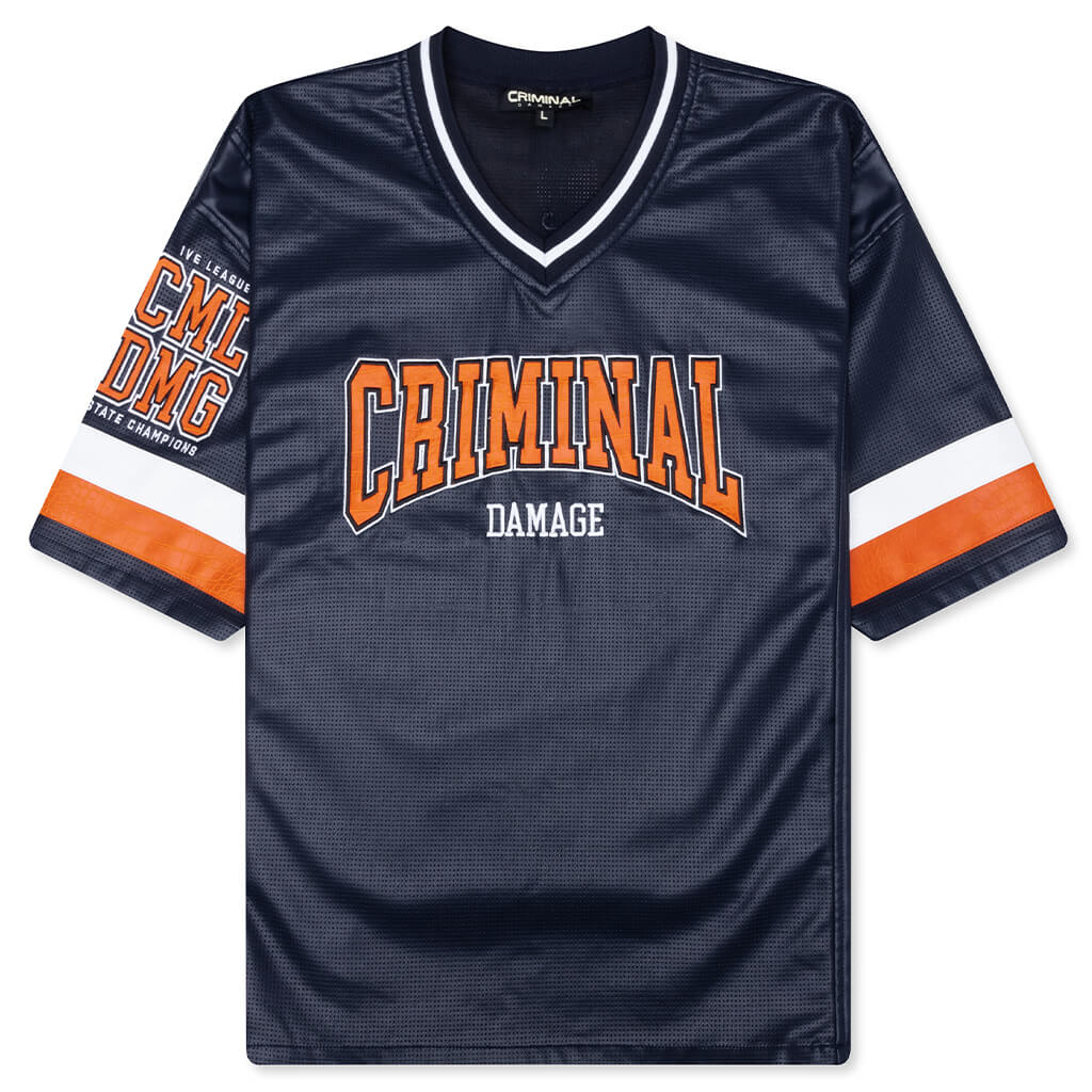 Stadium Leather V Neck Top - Navy