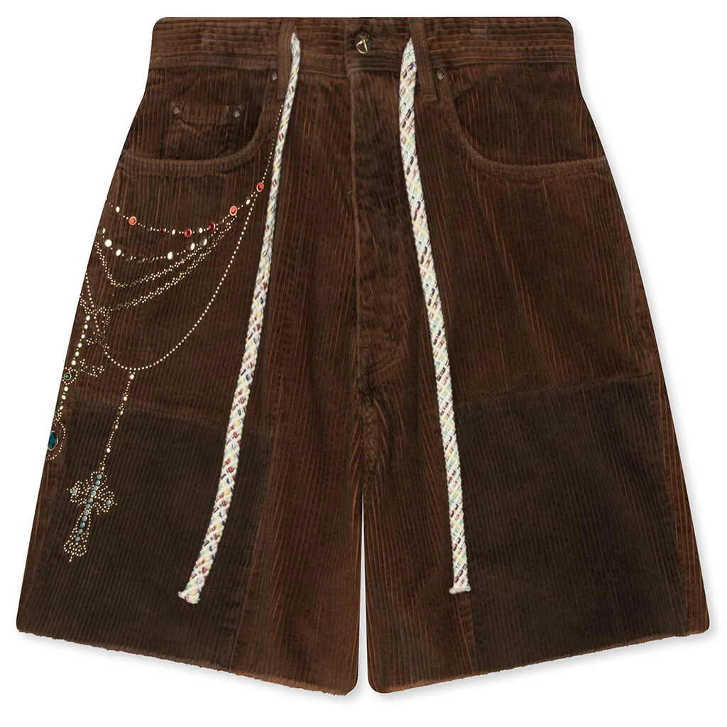 Patchwork Corduroy Shorts - Brown