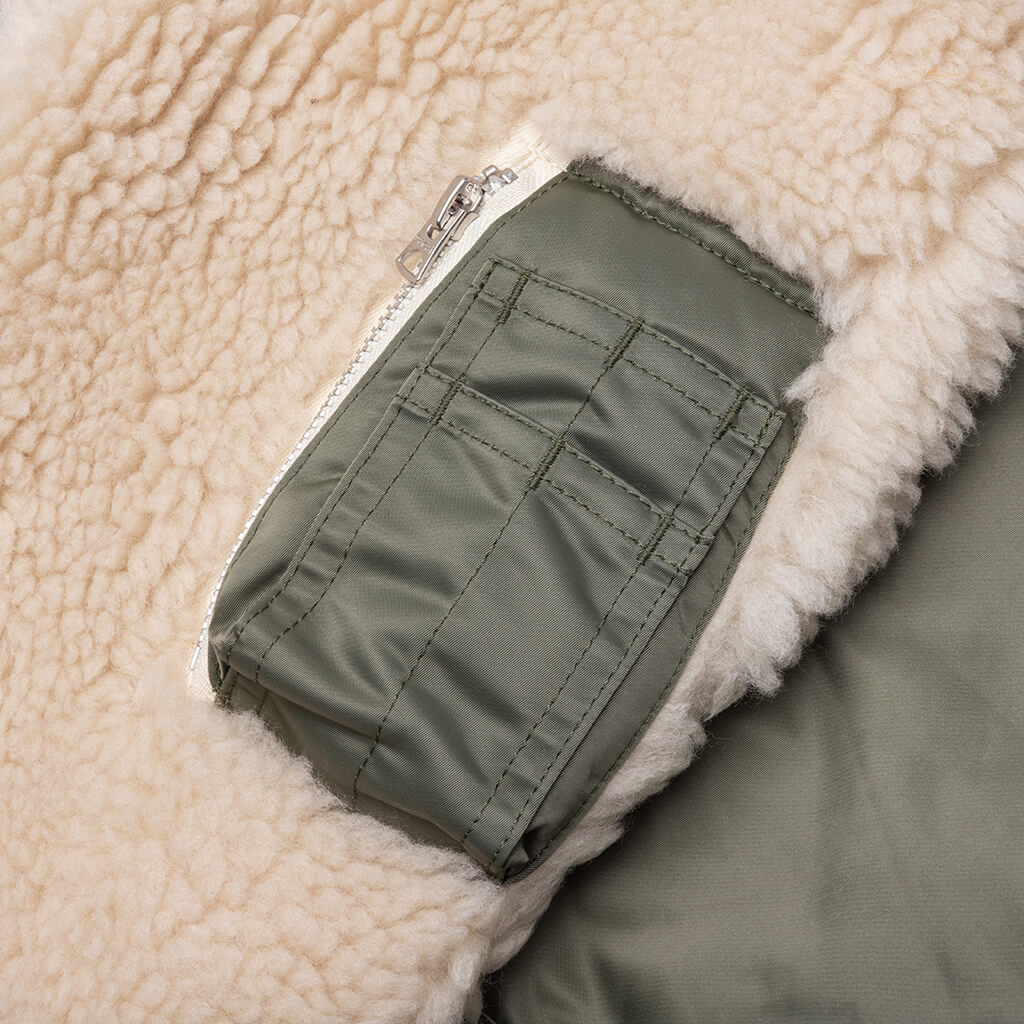 Faux Shearling Nylon Twill Blouson - Khaki/Ecru - Image 4