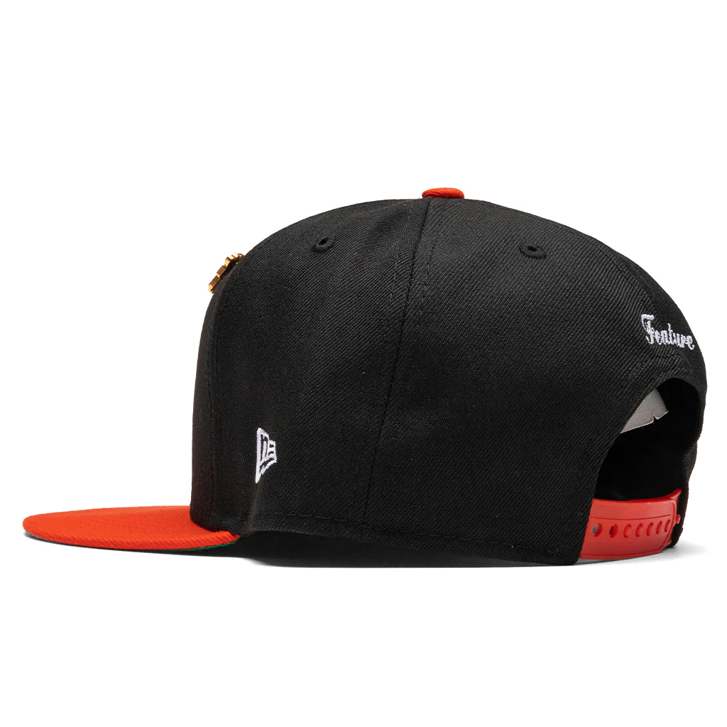 Feature x New Era Old English F Snapback Hat w/ Pin - Black/Orange - Image 4