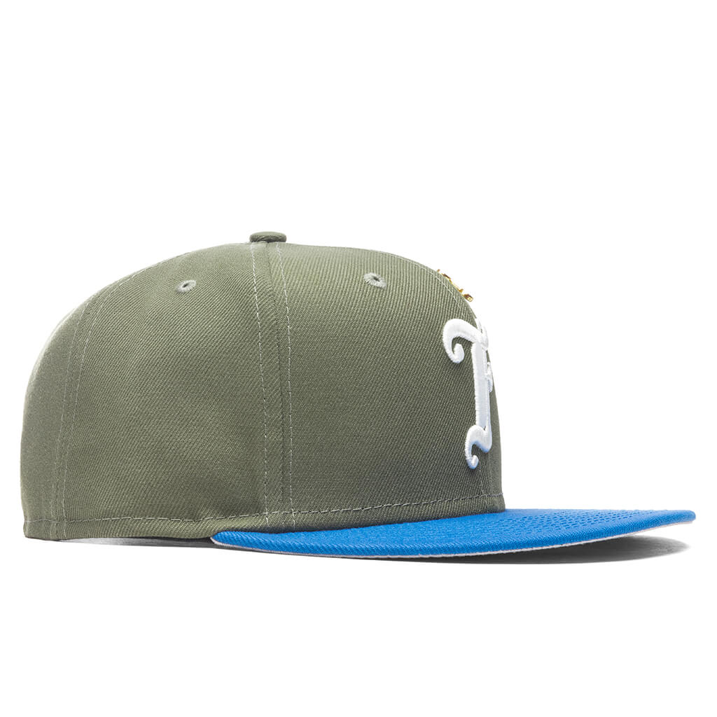 Feature x New Era Old English F Snapback Hat w/ Pin - Olive/Rainstorm Blue - Image 2