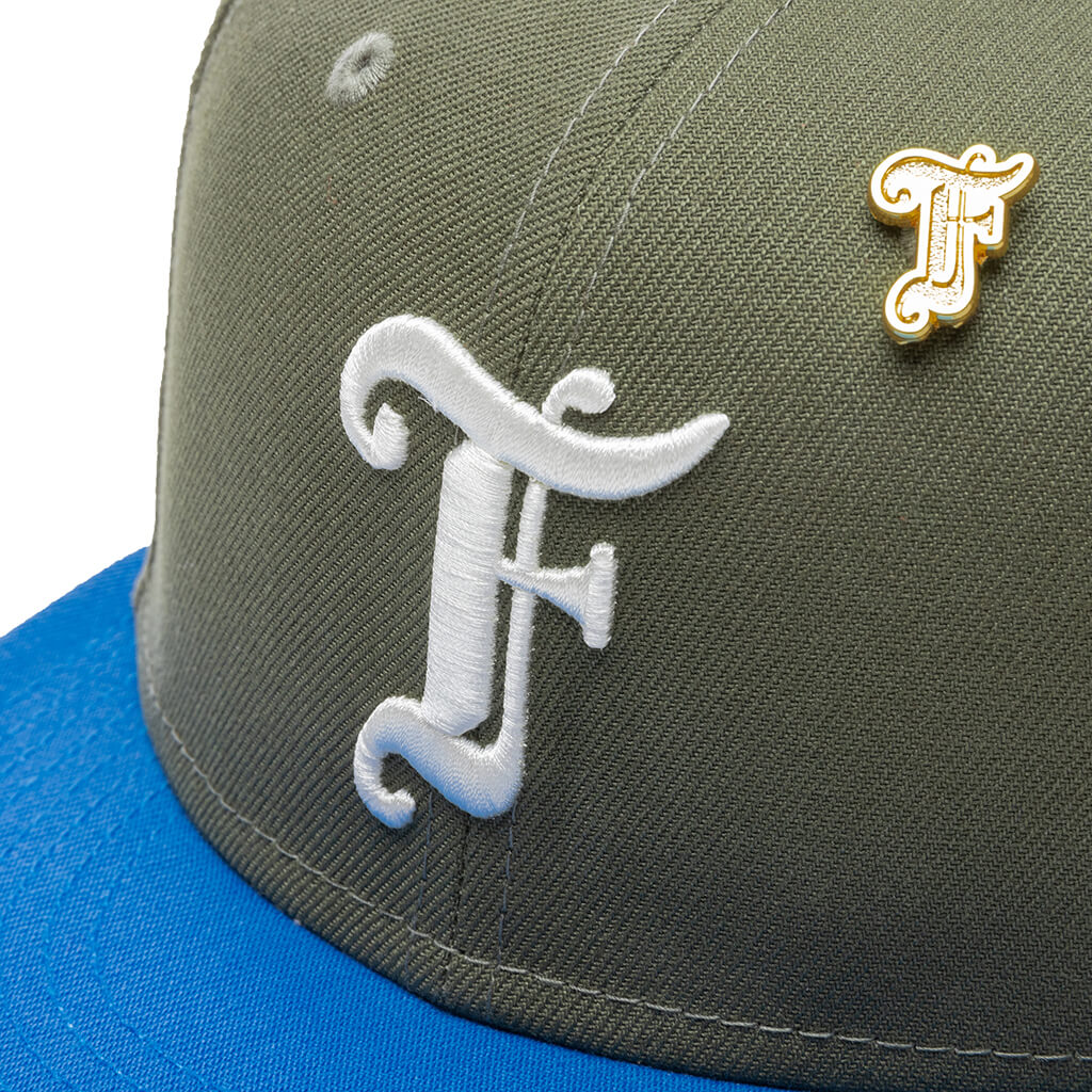 Feature x New Era Old English F Snapback Hat w/ Pin - Olive/Rainstorm Blue - Image 4