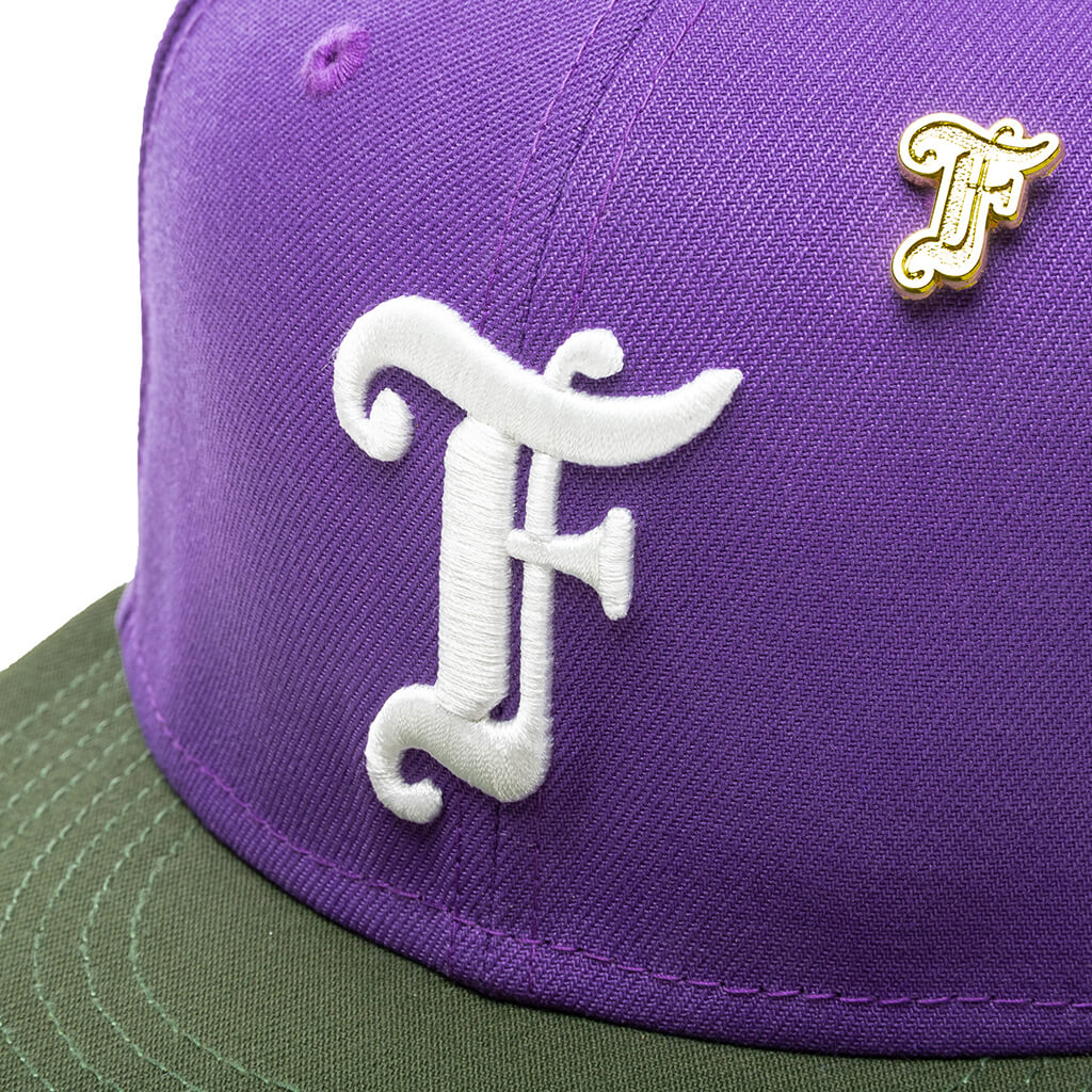 Feature x New Era Old English F Snapback Hat w/ Pin - Varsity Purple/Rifle Green - Image 2