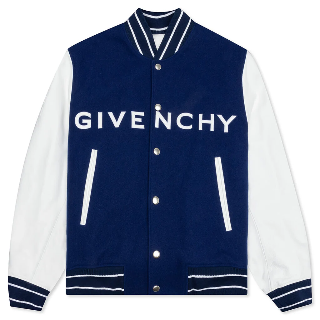 Big Varsity Bomber in Wool and Leather - Blue/White