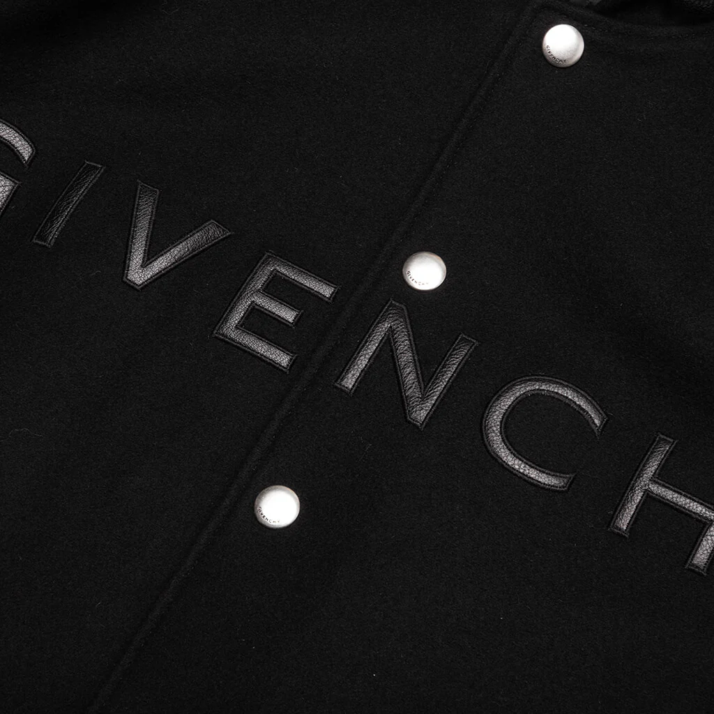 Hooded Varsity Jacket in Wool and Leather - Black - Image 4