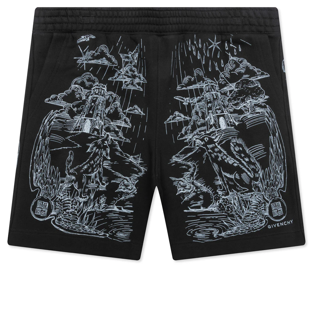 Wolf Print Board Shorts - Black