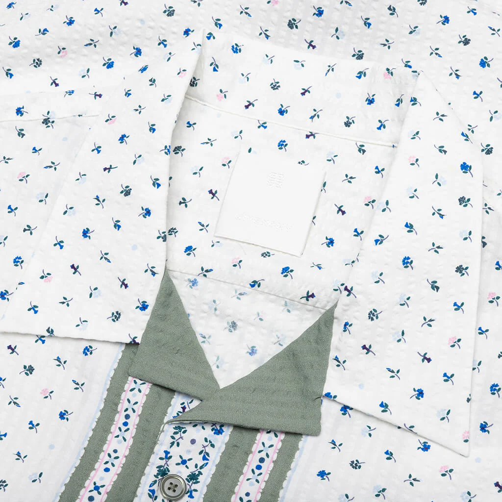 Floral Print Boxy Fit Shirt in Cotton Seersucker - Cream/Green - Image 3