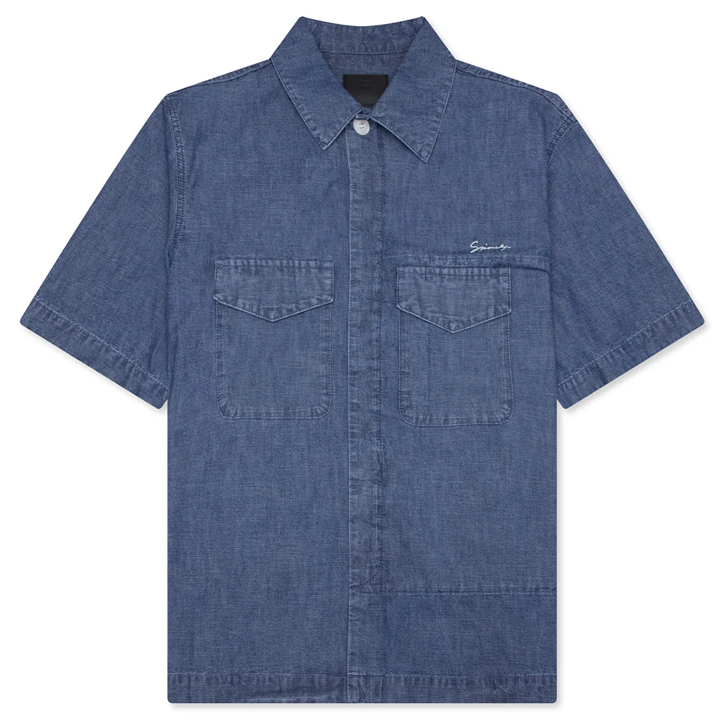 Logo Embroidered Short-Sleeve Shirt - Denim Blue