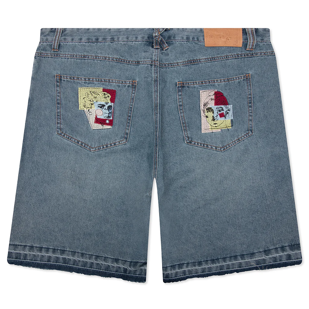 Face Patchwork Baggy Shorts - Light Wash - Image 2