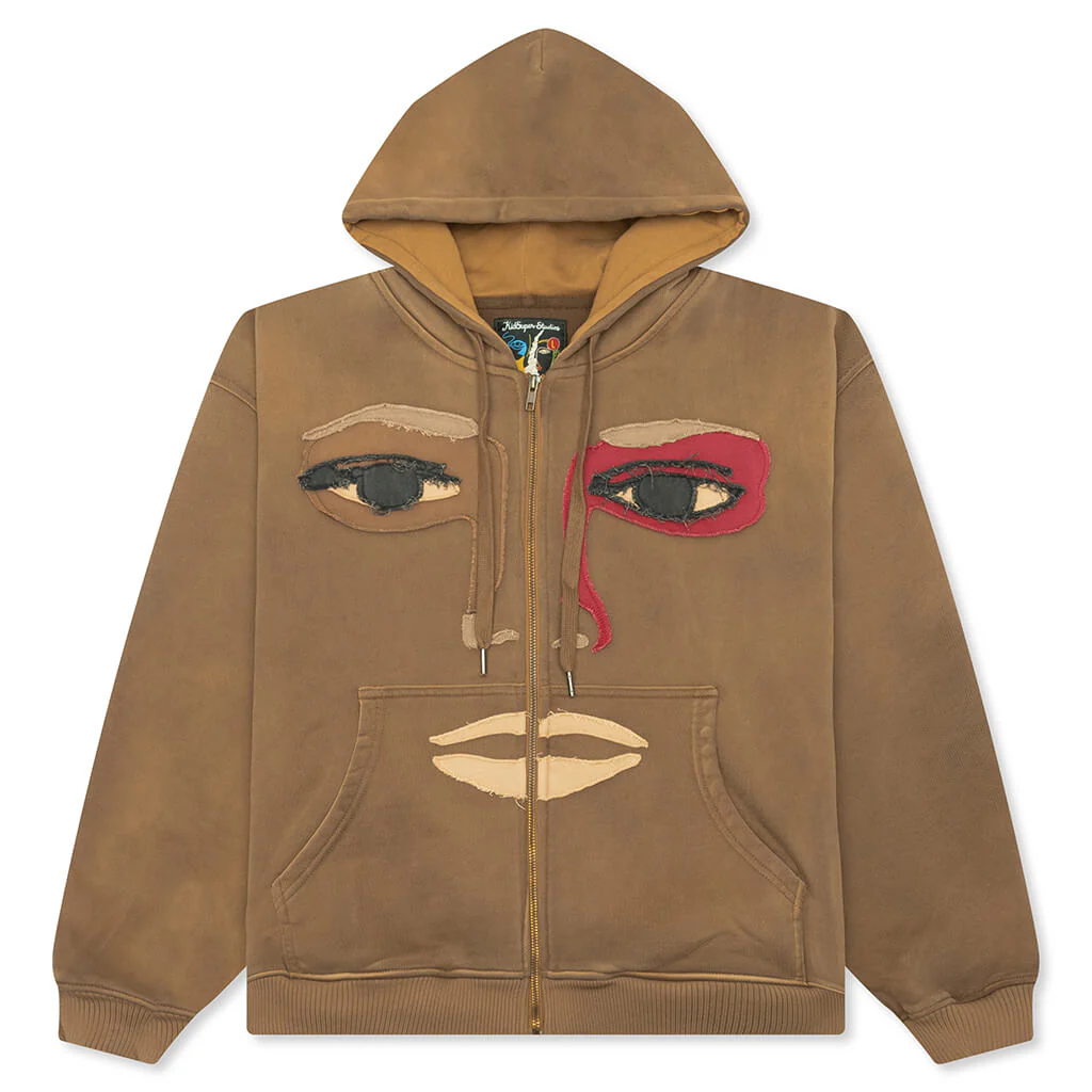 Patchwork Face Heavyweight Zip Up Hoodie - Dark Brown