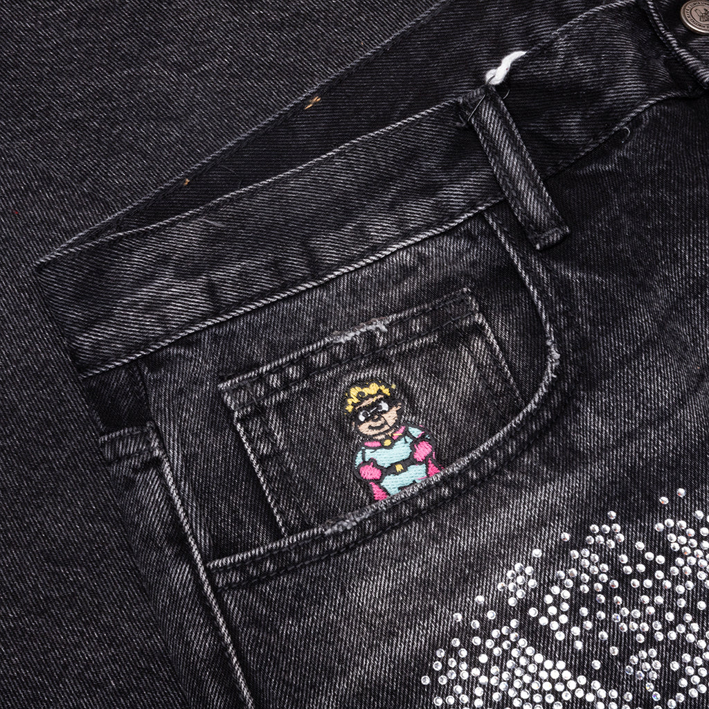 Rhinestone Face Jeans - Black - Image 3