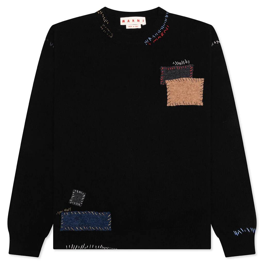 Wool Patch Mending Roundneck Sweater - Black