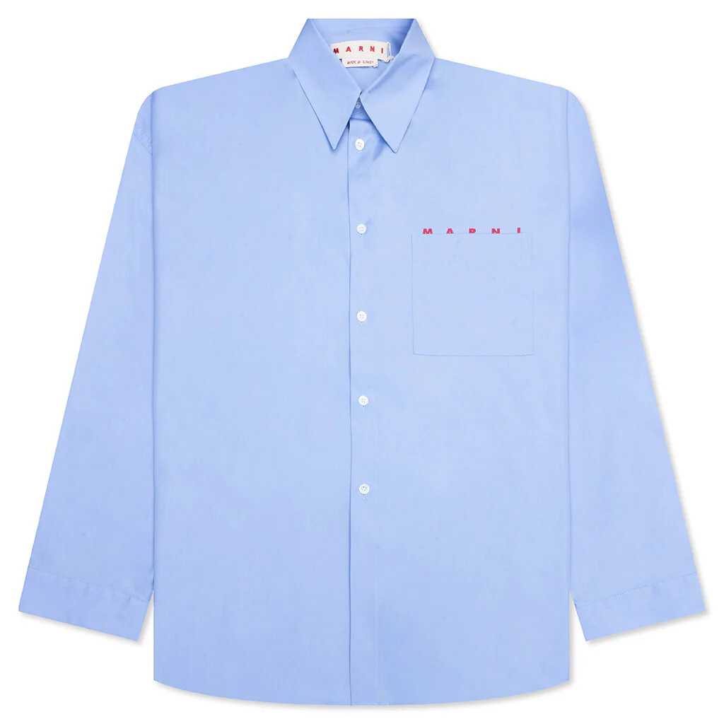 Light Blue Organic Poplin Shirt With Peeping Logo - Iris/Blue