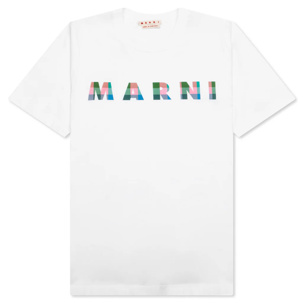 White Cotton T-Shirt With Gingham Logo - Lily White