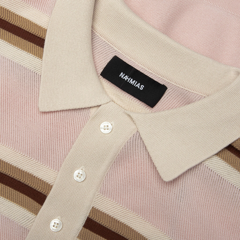 Knit Striped Polo - Soft Pink Stripe - Image 3