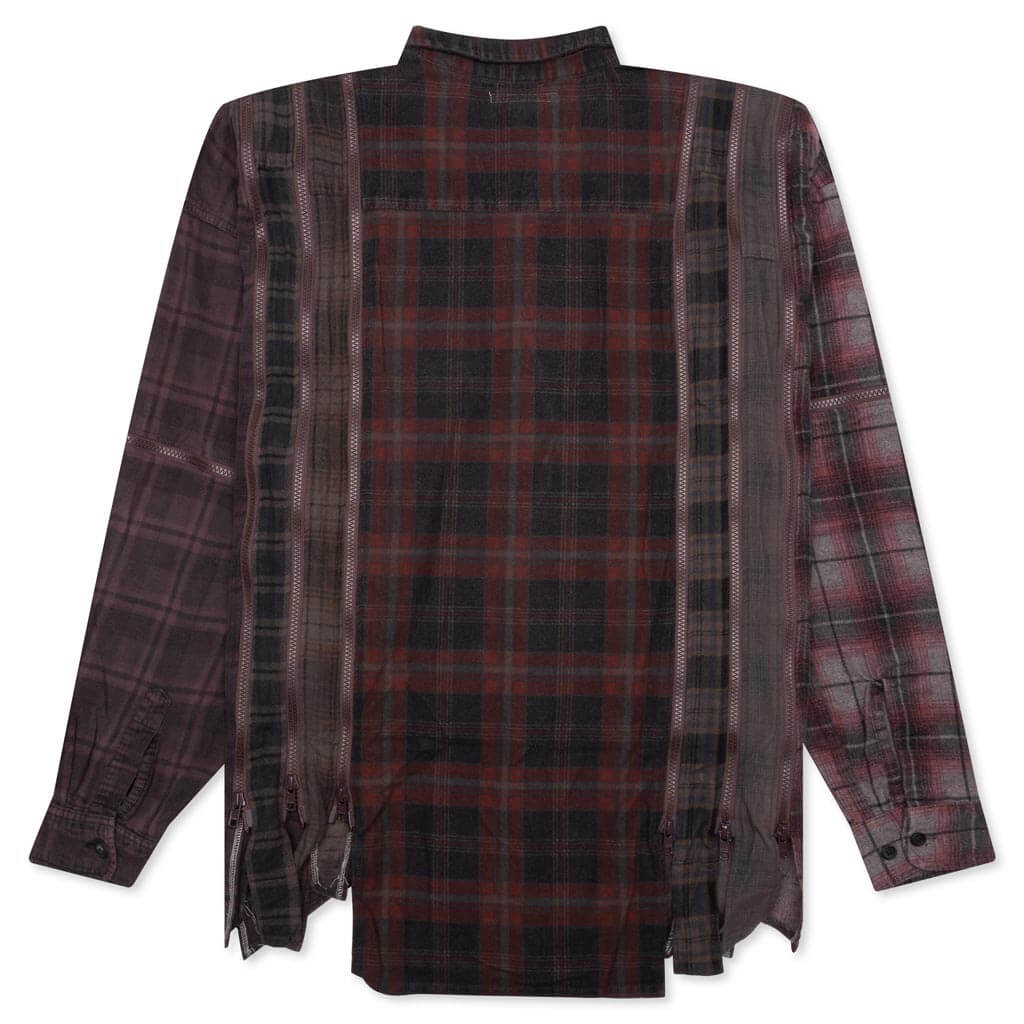 Flannel Shirt 7 Cuts Zipped Wide Shirt Over Dye - Brown - Image 2