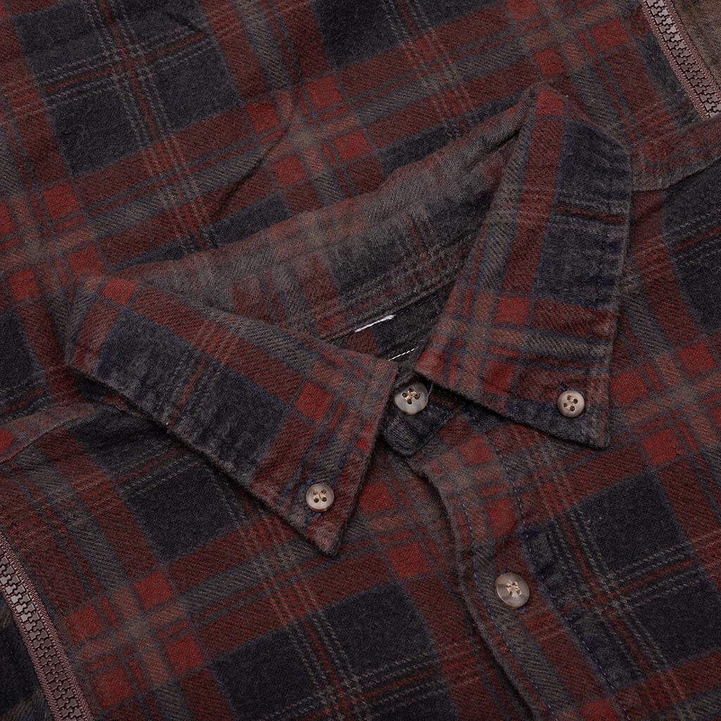 Flannel Shirt 7 Cuts Zipped Wide Shirt Over Dye - Brown - Image 3