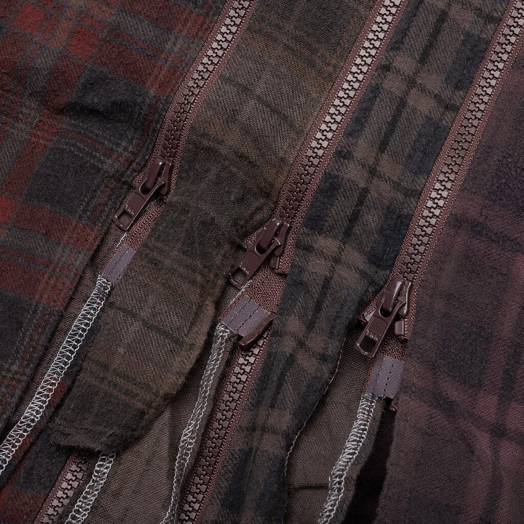 Flannel Shirt 7 Cuts Zipped Wide Shirt Over Dye - Brown - Image 5