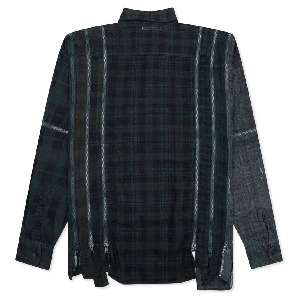 Flannel Shirt 7 Cuts Zipped Wide Shirt Over Dye - Green - Image 2