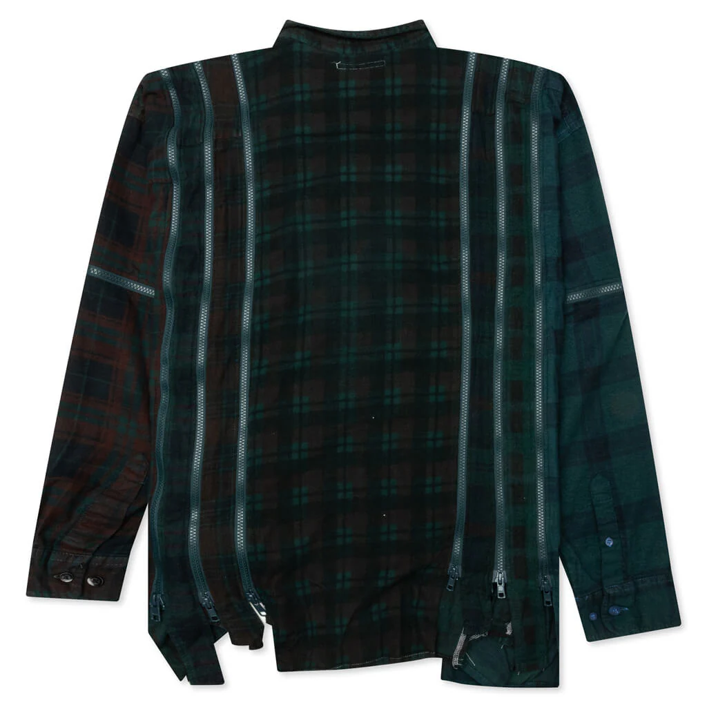 Flannel Shirt 7 Cuts Zipped Wide Shirt Over Dye - Green - Image 2
