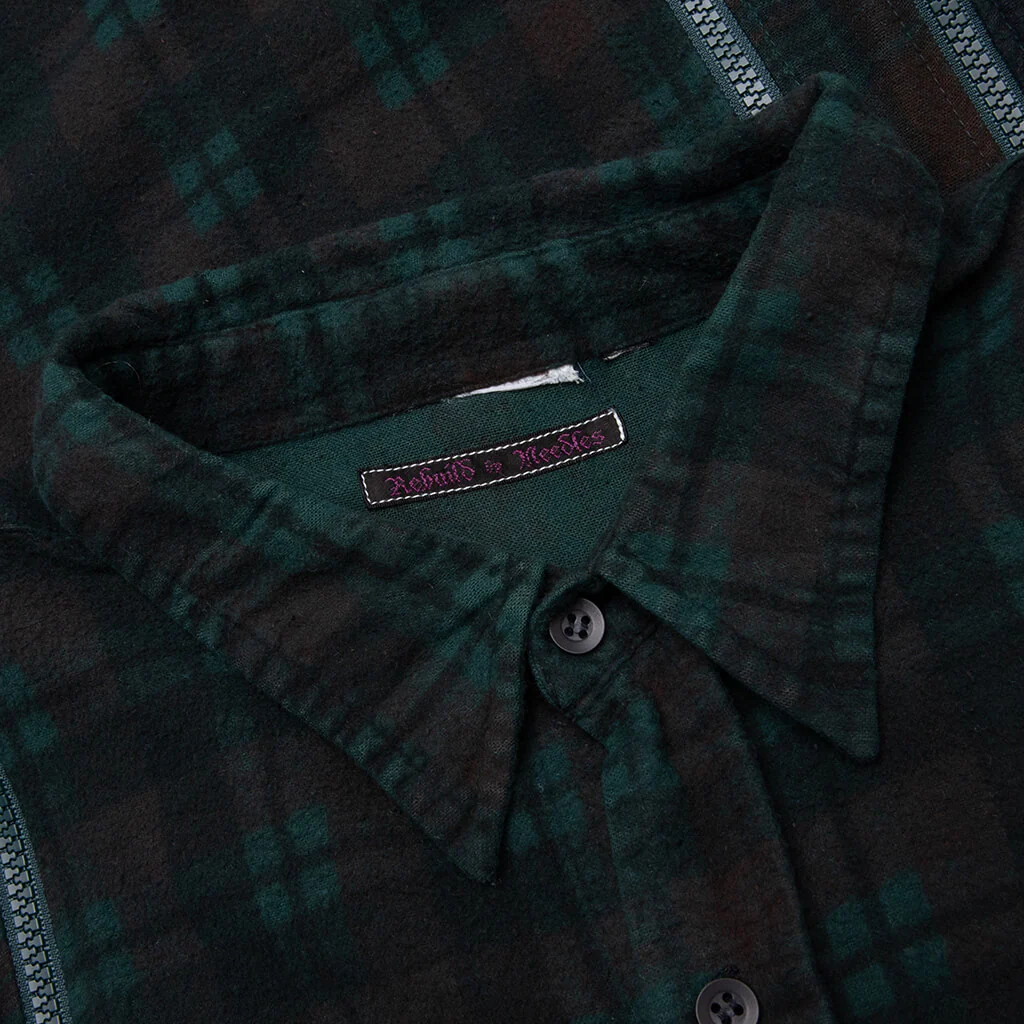 Flannel Shirt 7 Cuts Zipped Wide Shirt Over Dye - Green - Image 3
