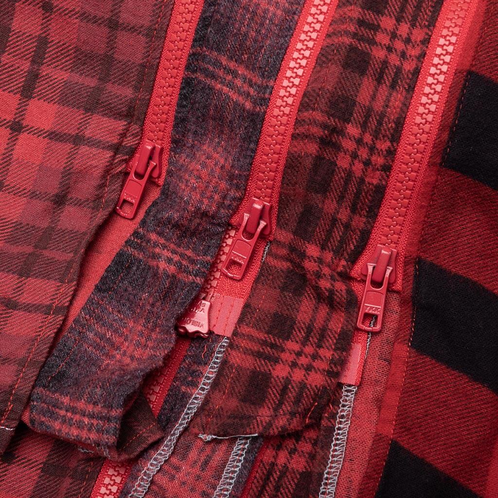 Flannel Shirt 7 Cuts Zipped Wide Shirt Over Dye - Red - Image 5