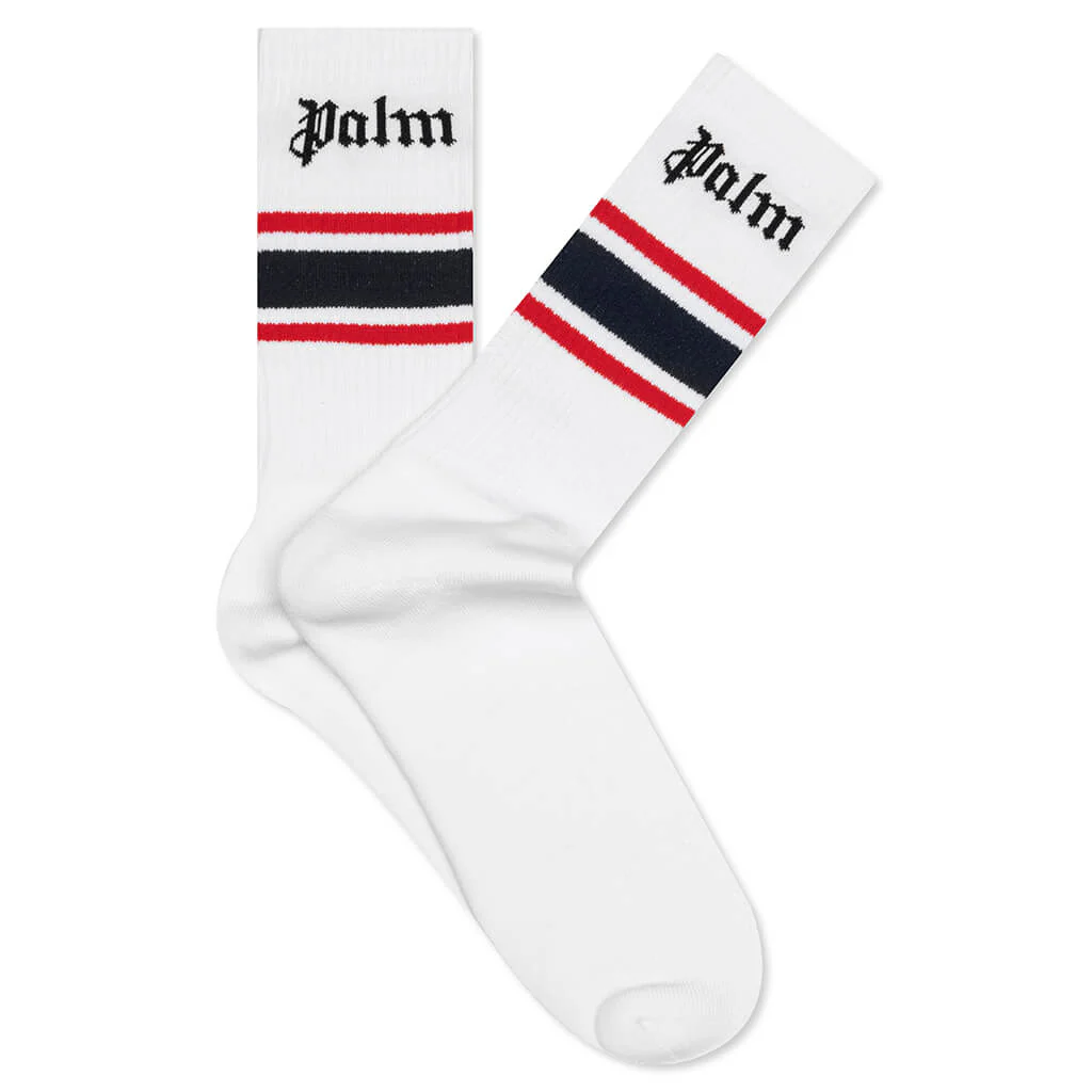 Classic Logo Striped Socks - White/Navy Blue