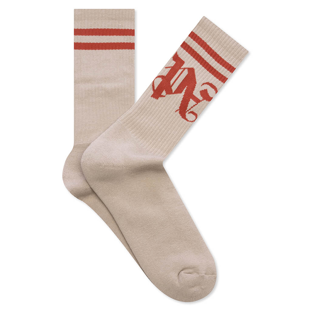 PA Monogram Striped Socks - Light Beige/Red