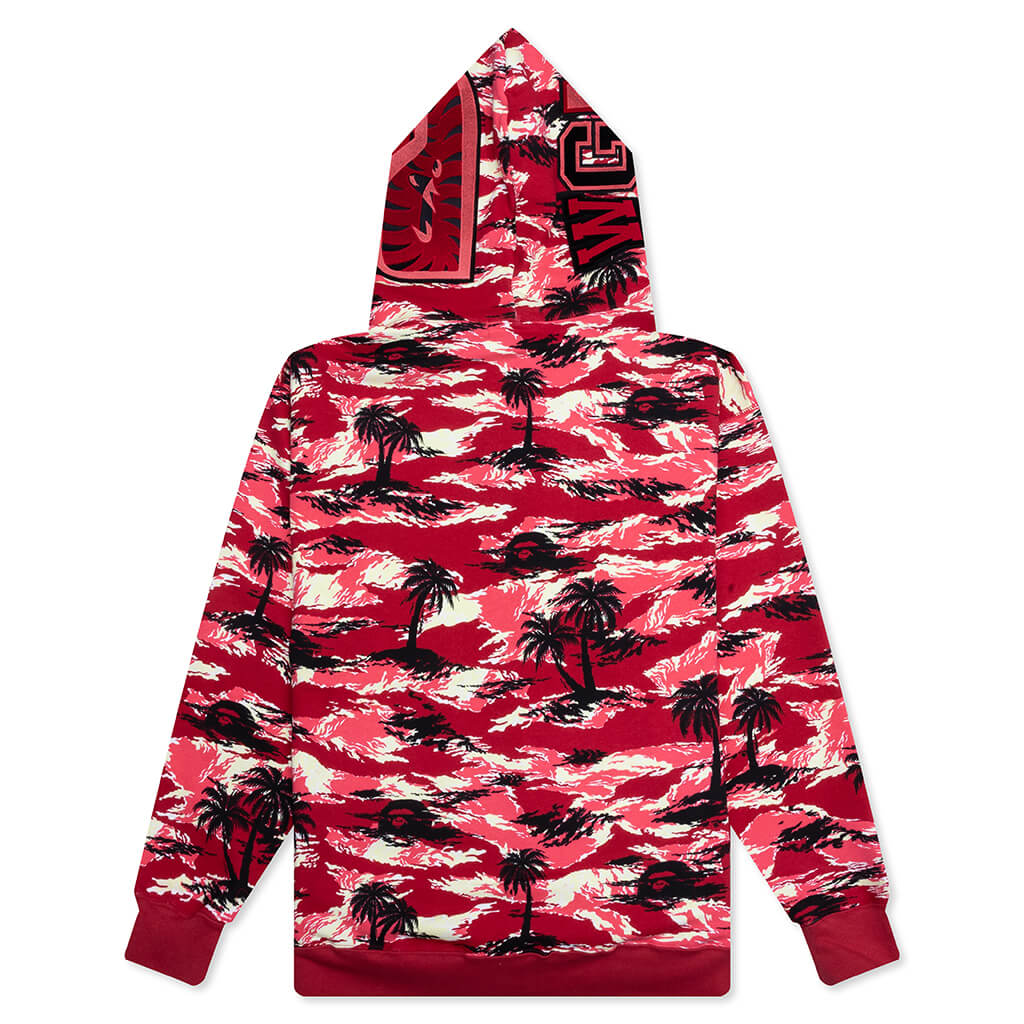 Palm Tree Camo Relaxed Fit Shark Full Zip Hoodie - Red - Image 2