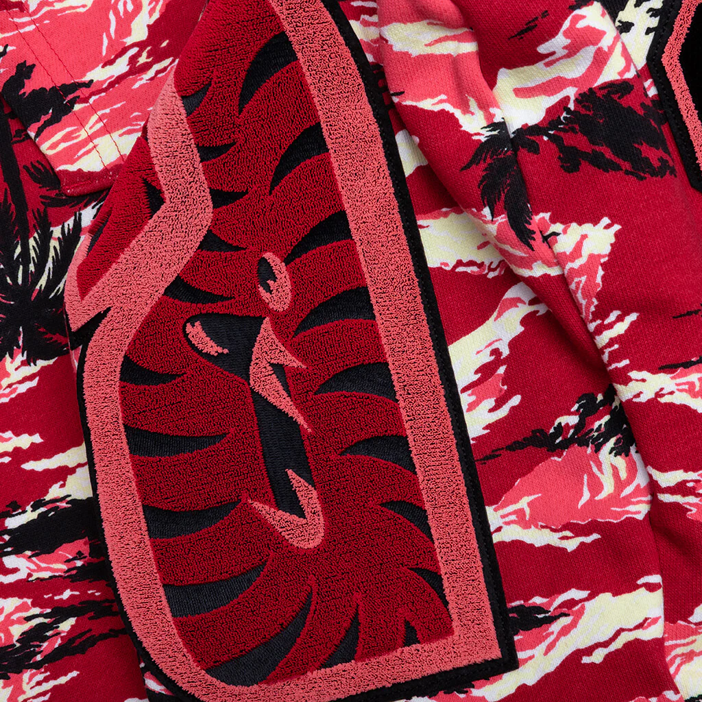 Palm Tree Camo Relaxed Fit Shark Full Zip Hoodie - Red - Image 5