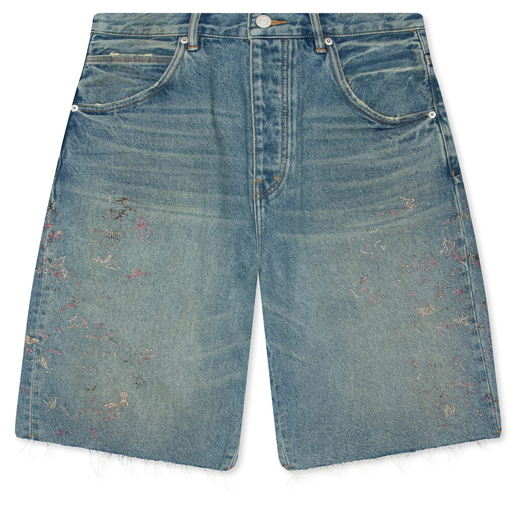 Beaded Splatter Denim Shorts - Mid Indigo