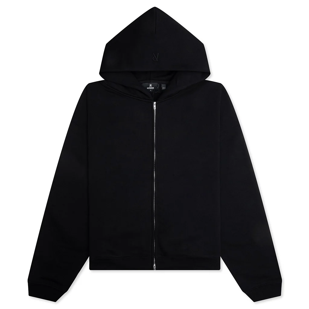 Initial Boxy Oversized Zip Through Hoodie - Black