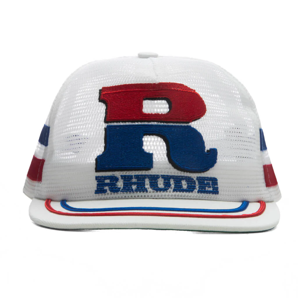 Split Petrol Logo Mesh Trucker Hat - White/Red/Blue