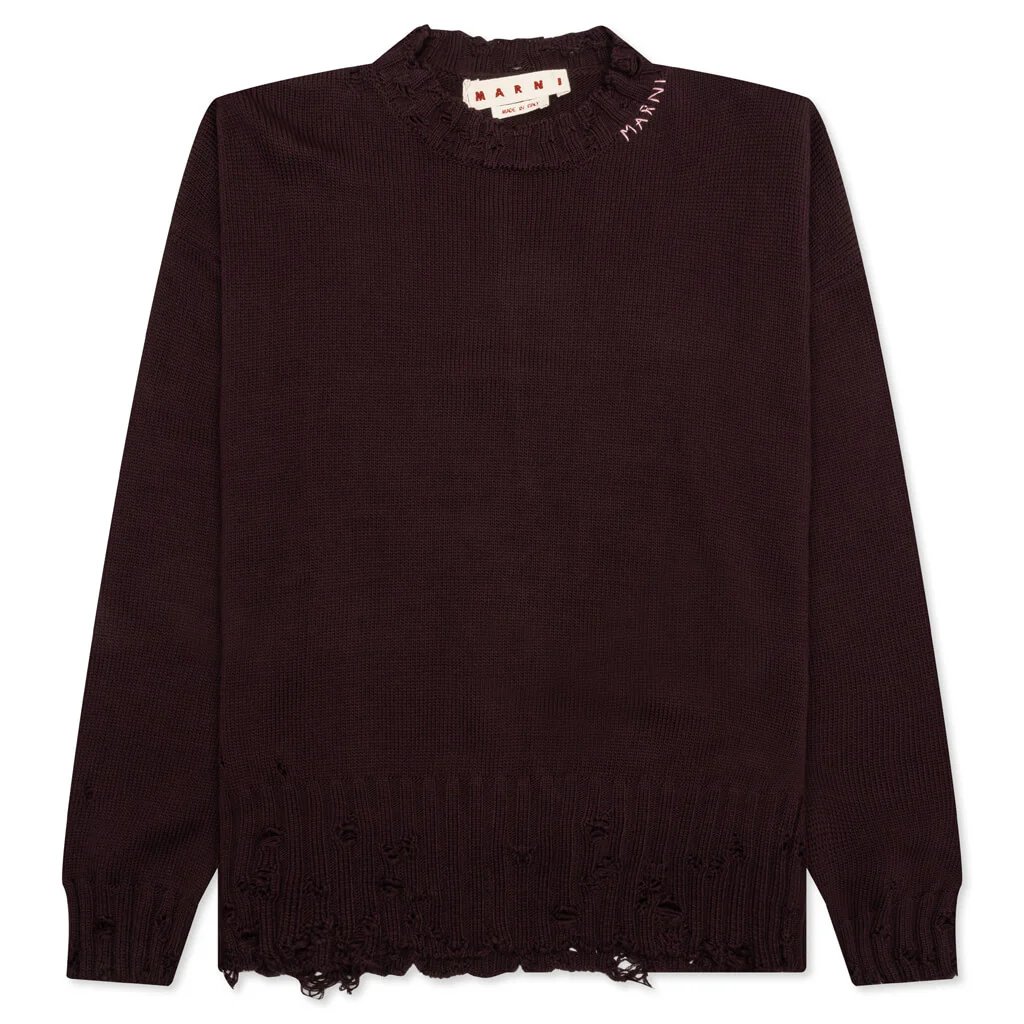 Round Neck Distressed Sweater - Dark Raisin