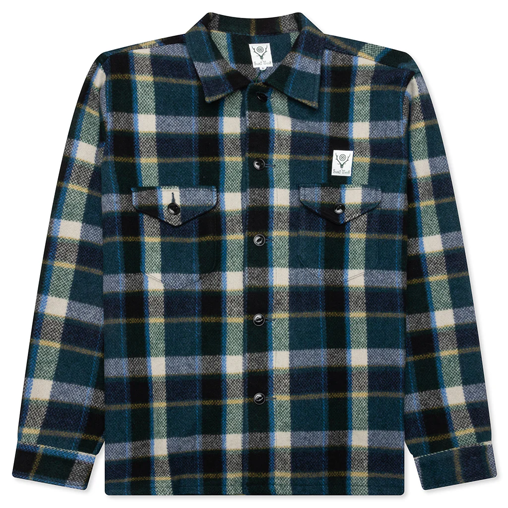 Smokey Wool Melton Plaid Shirt - Green