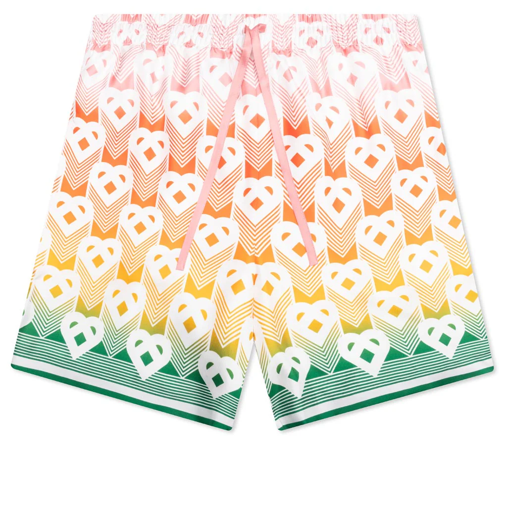 Unisex Silk Shorts With Drawstrings - Heart Monogram Gradient